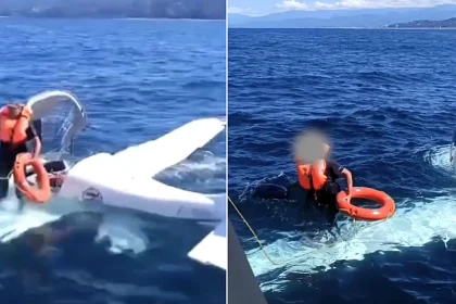 Two men were rescued from the Black Sea after their plane suffered engine failure and ditched off Turkey - footage shows them clinging on beside the sinking aircraft.