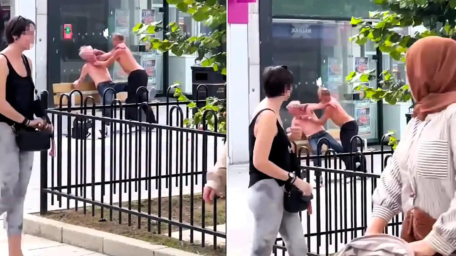 Two shirtless pensioners were filmed brawling in broad daylight in one of Britain's best-known retirement towns - as stunned passers-by watched them trade blows.
