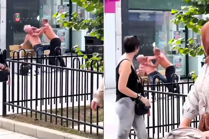 Two shirtless pensioners were filmed brawling in broad daylight in one of Britain's best-known retirement towns - as stunned passers-by watched them trade blows.