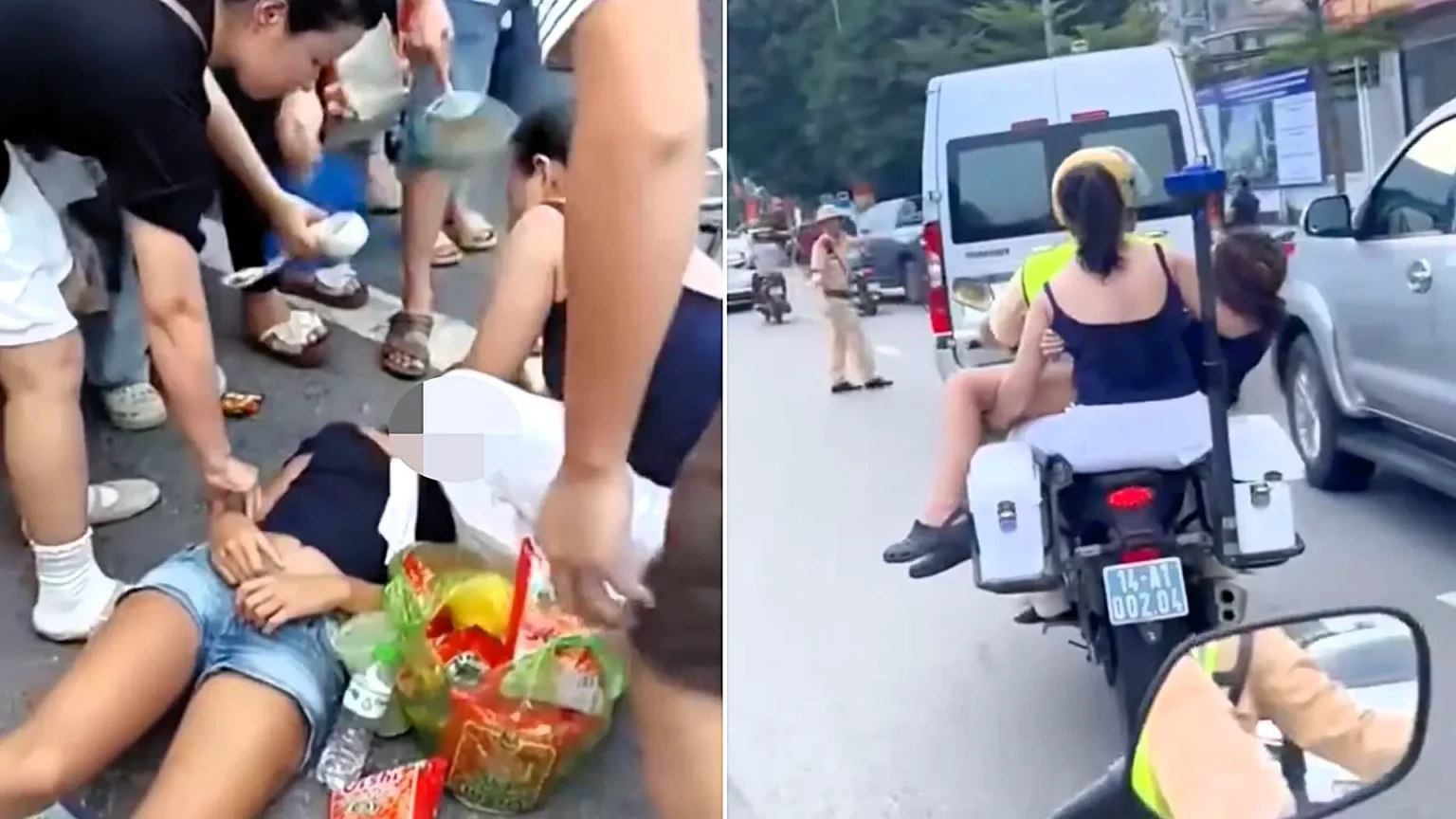Dramatic footage shows an unconscious British tourist rushed to hospital slumped on the back of a police motorbike after collapsing on a street in Vietnam.