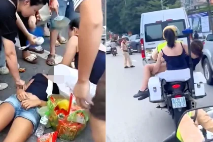 Dramatic footage shows an unconscious British tourist rushed to hospital slumped on the back of a police motorbike after collapsing on a street in Vietnam.