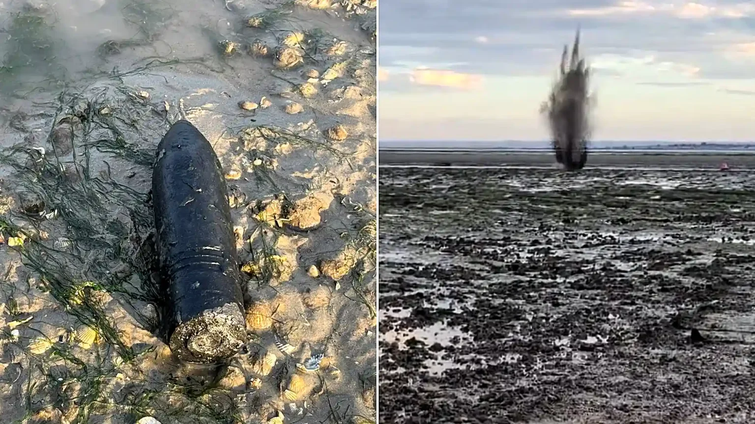 A live World War Two shell has been blown up on a British beach after a member of the public spotted the six-inch device buried in the sand.