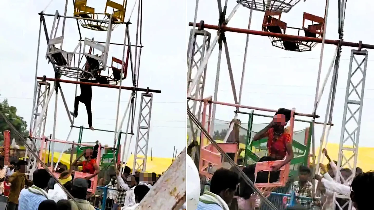 A woman lost part of her scalp after her hair was ripped into a spinning Ferris wheel mechanism at a packed Indian festival fair - police stopped the ride.