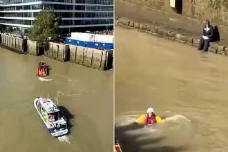 This is the bizarre moment a woman stranded on the banks of the Thames was rescued by the RNLI - as baffled viewers asked whether she was even a real person.