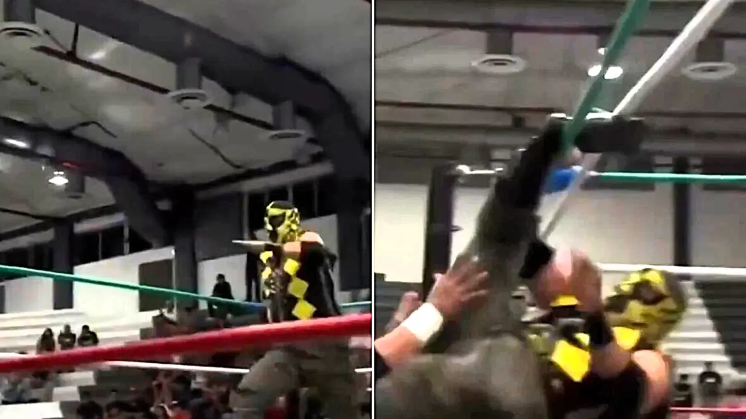 A wrestler suffered a horrifying leg injury after his foot became trapped in the ropes mid-flying move - leaving him hanging helplessly above the canvas in agony.