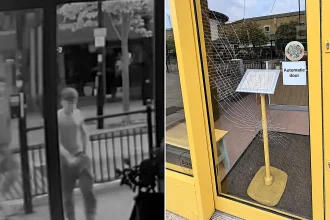 A thug smashed a restaurant's glass door with a single kick in a random attack - leaving the business facing a repair bill of up to £1,000.