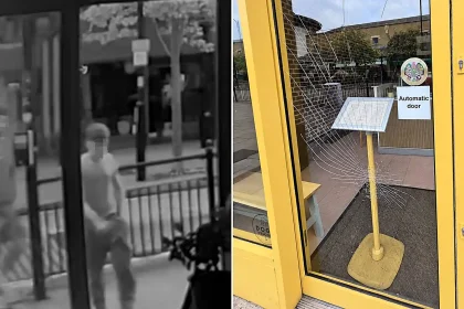 A thug smashed a restaurant's glass door with a single kick in a random attack - leaving the business facing a repair bill of up to £1,000.