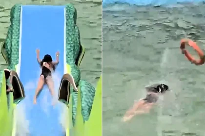 Shocking video shows a woman launched feet into the air off a water slide before a brutal belly flop knocked her unconscious - rescuers dragged her out.