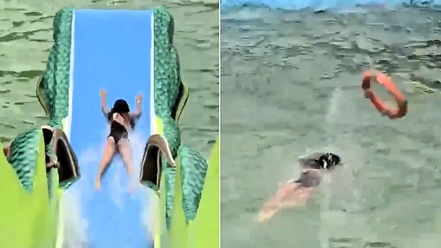 Shocking video shows a woman launched feet into the air off a water slide before a brutal belly flop knocked her unconscious - rescuers dragged her out.
