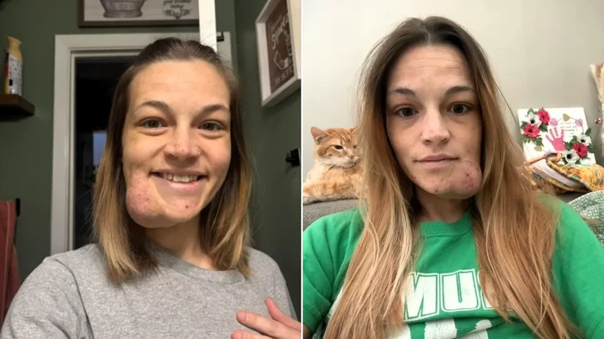 A woman's puberty 'pimple' turned out to be a permanent blood clot on her face that has grown for 19 years - and she can feel her pulse throbbing through it.