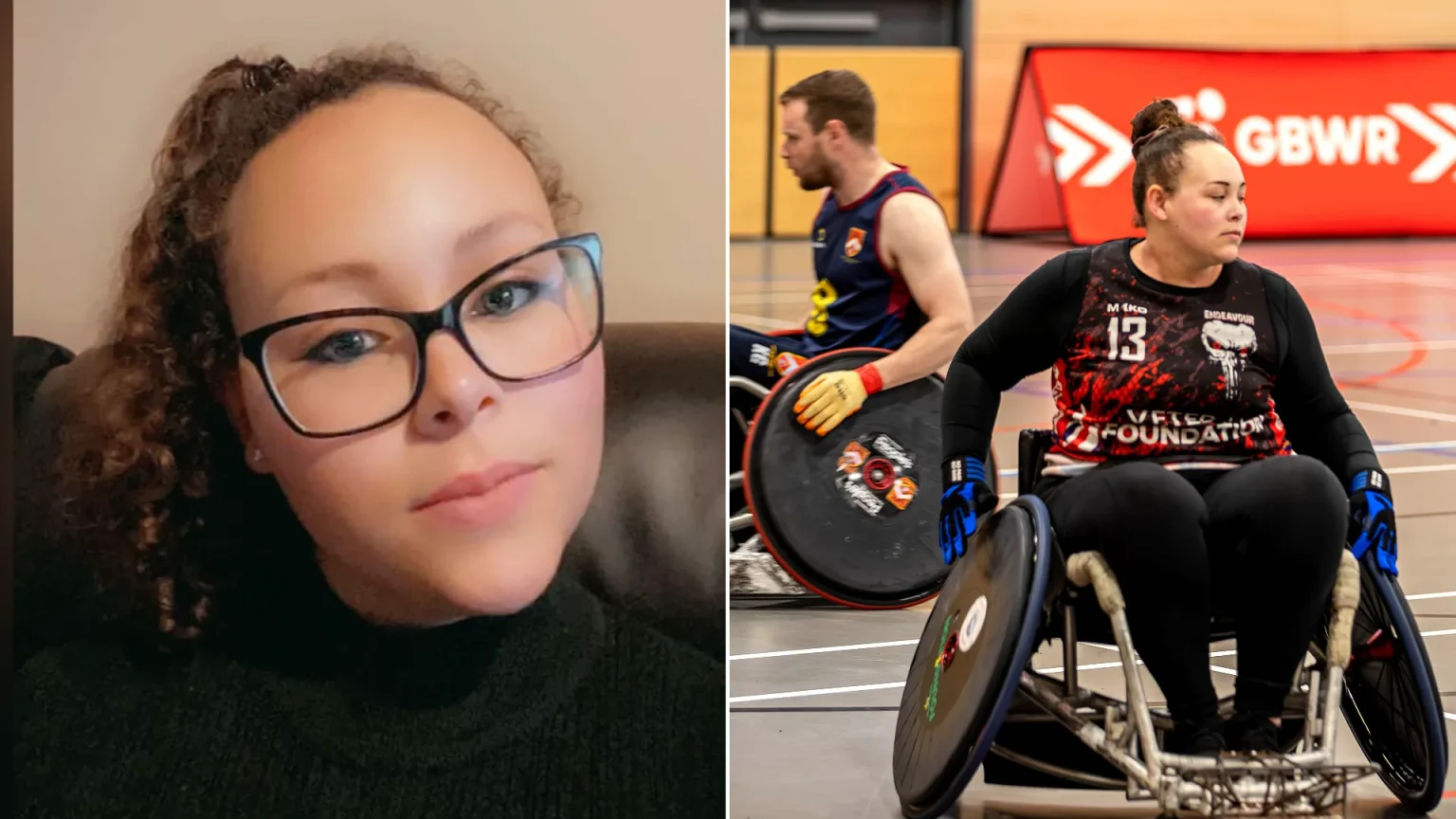 Danielle Dyson in a portrait photo alongside her using a blue wheelchair during basketball.