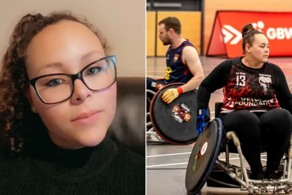 Danielle Dyson in a portrait photo alongside her using a blue wheelchair during basketball.