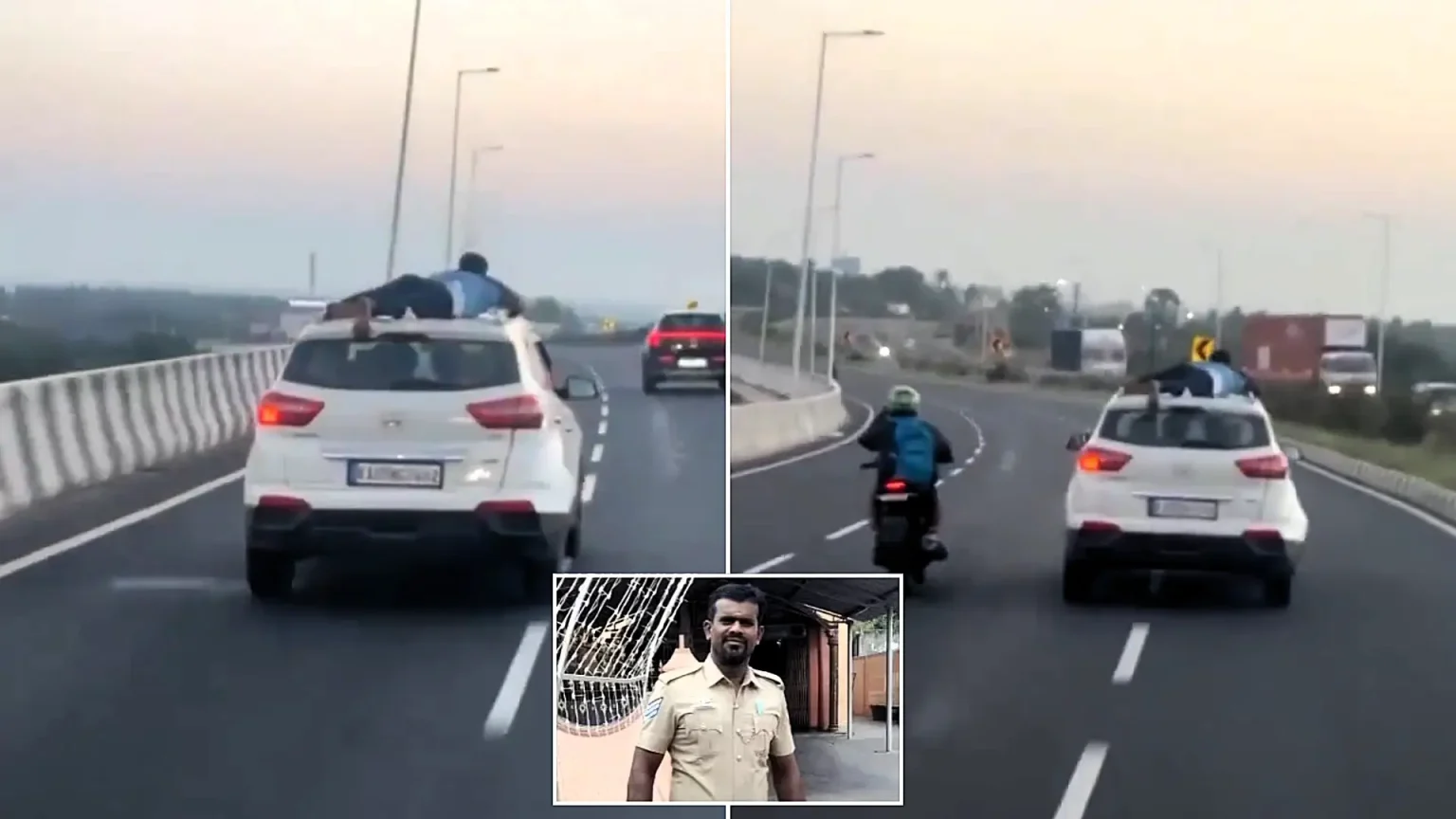 A brave cop clung to the roof of a speeding SUV for nearly 20 miles after suspected smugglers carrying 170kg of banned tobacco fled a dawn police check in southern India.