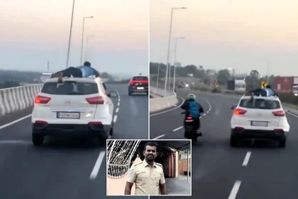 A brave cop clung to the roof of a speeding SUV for nearly 20 miles after suspected smugglers carrying 170kg of banned tobacco fled a dawn police check in southern India.
