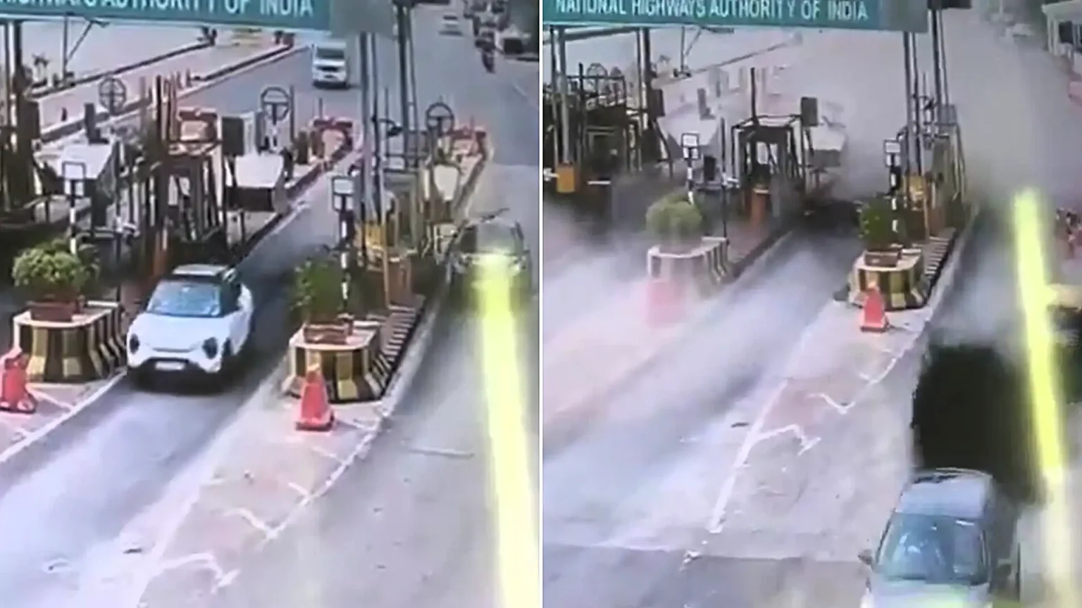 White pickup truck seconds before hitting divider; aftermath showing debris-strewn toll plaza.
