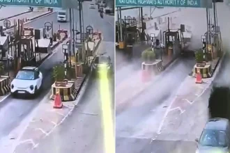 White pickup truck seconds before hitting divider; aftermath showing debris-strewn toll plaza.