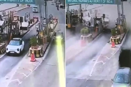 White pickup truck seconds before hitting divider; aftermath showing debris-strewn toll plaza.