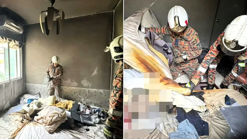 Firefighters tackling a house blaze in Malaysia were stunned to find the suspected cause - a sex toy left charging on a mattress that went up in flames.