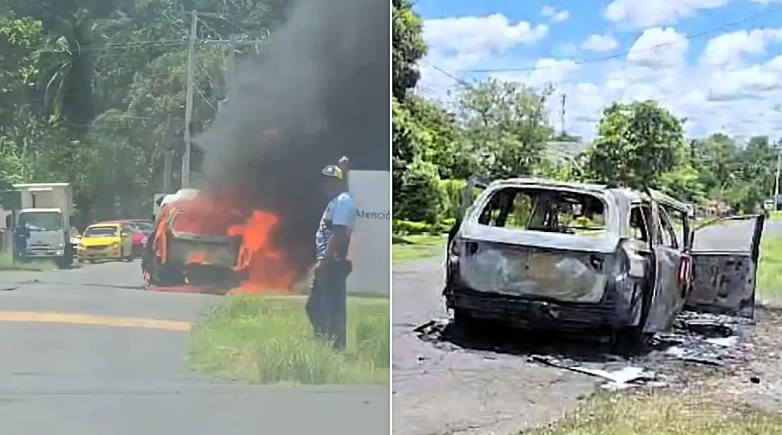 A hearse burst into flames on the way to a funeral in Panama - but the brave driver escaped and dragged the coffin clear before the fire could reach the body inside.