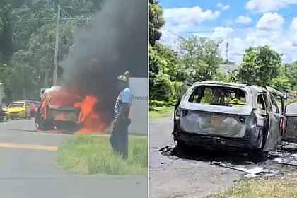 A hearse burst into flames on the way to a funeral in Panama - but the brave driver escaped and dragged the coffin clear before the fire could reach the body inside.