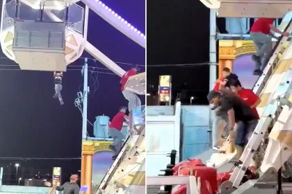 A six-year-old boy was left dangling from a moving Ferris wheel in Mexico after slipping away from his dad and grabbing the outside of a gondola at the Feria de Torreón.