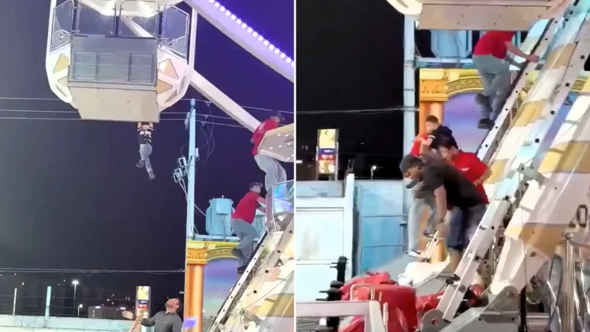 A six-year-old boy was left dangling from a moving Ferris wheel in Mexico after slipping away from his dad and grabbing the outside of a gondola at the Feria de Torreón.