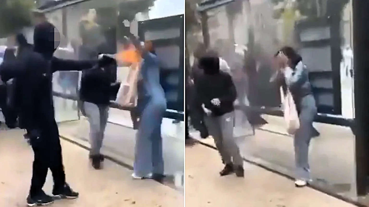 Shocking footage shows a masked protester burning a woman's face with a makeshift flamethrower after she tried to stop vandals smashing a bus shelter in Marseille.
