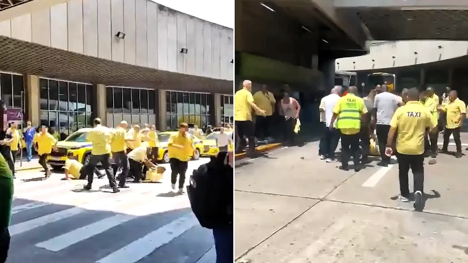 Shocking footage shows at least 20 taxi drivers turning a Rio de Janeiro airport exit into a makeshift boxing ring in a chaotic mass brawl over a passenger pick-up spot.