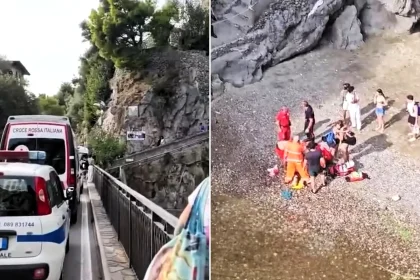 American tourist seriously injured after jumping 100ft from bridge above Italy's Fiordo di Furore gorge. Suspected spinal injury after awkward water impact on Amalfi Coast.