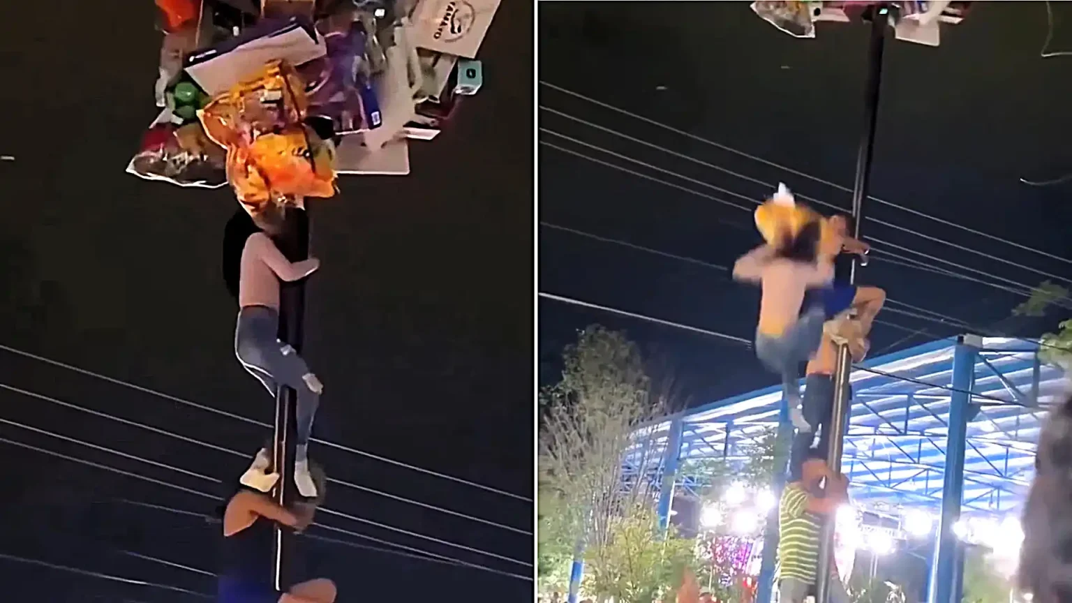 Heart-stopping footage shows a woman plunging from the top of a human tower on a greasy pole at a Mexican festival - and miraculously escaping unscathed, prize in hand.
