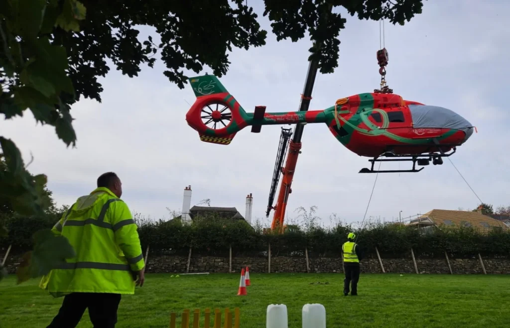 A £7m Wales Air Ambulance helicopter was damaged after hitting a football goalpost while responding to a suspected hoax emergency call at a holiday park in Pembrokeshire.