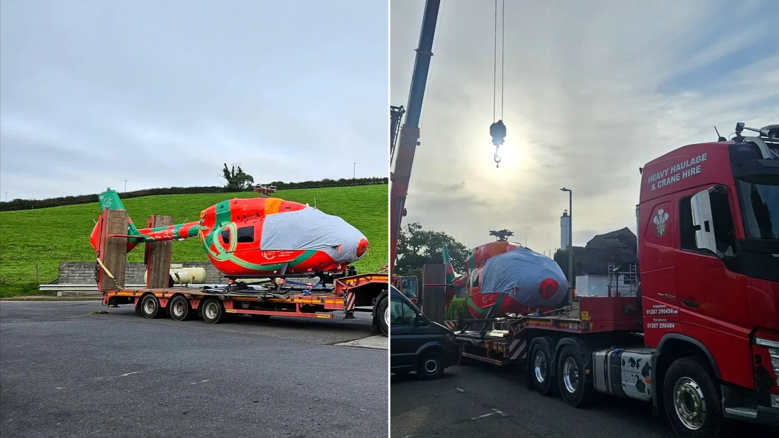 A £7m Wales Air Ambulance helicopter was damaged after hitting a football goalpost while responding to a suspected hoax emergency call at a holiday park in Pembrokeshire.