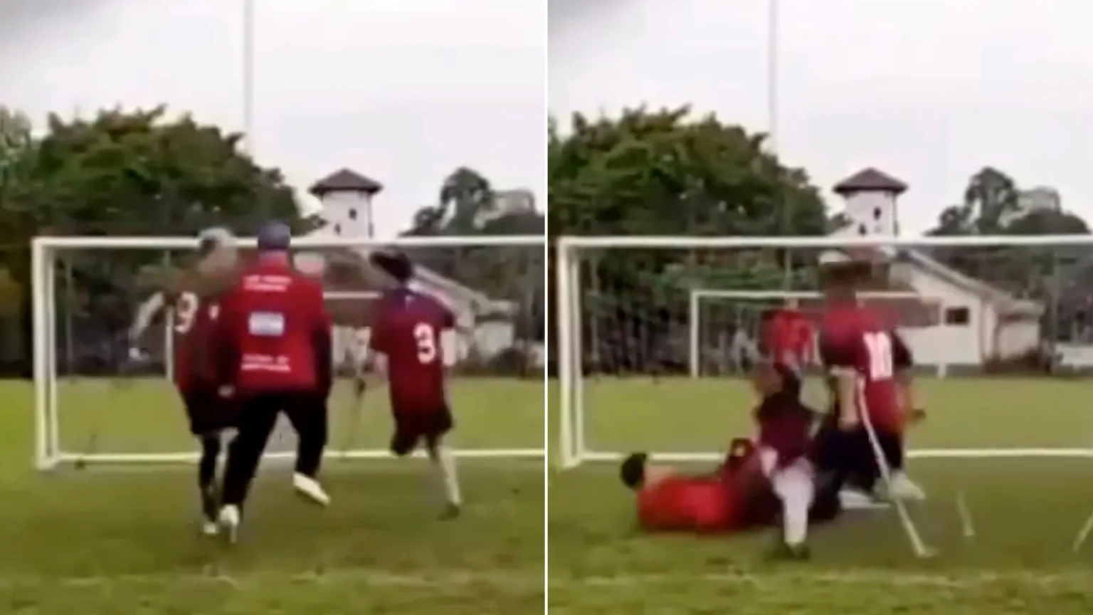 An amputee football match erupted into a violent brawl as players swung their crutches like swords in a wild battle royale.