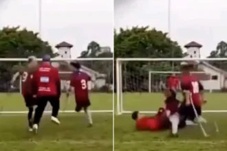 An amputee football match erupted into a violent brawl as players swung their crutches like swords in a wild battle royale.