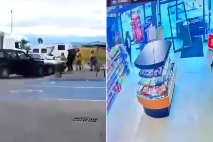 Angry woman rams multiple cars at petrol stations in Poland before hour-long police chase ends in arrest near village of Podczerwone - shocking rampage caught on CCTV.