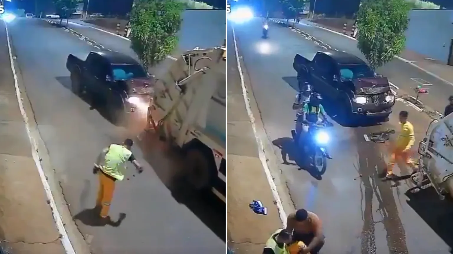 A binman narrowly avoided being crushed after jumping off the back of a rubbish lorry moments before a pickup truck crashed into it.
