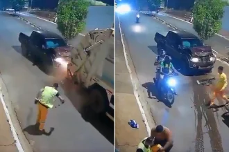 A binman narrowly avoided being crushed after jumping off the back of a rubbish lorry moments before a pickup truck crashed into it.