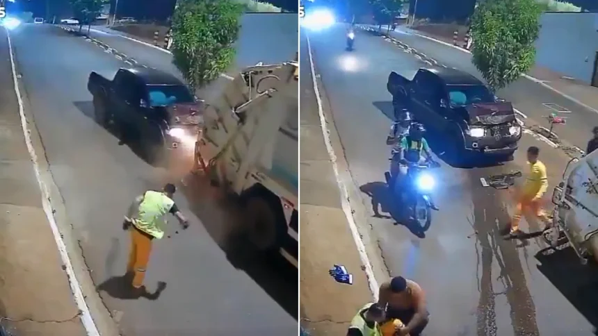 A binman narrowly avoided being crushed after jumping off the back of a rubbish lorry moments before a pickup truck crashed into it.