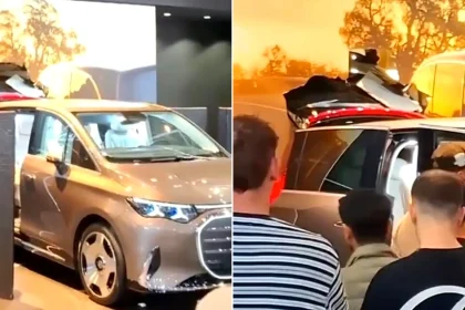 A boy crashed a brand new Mercedes into a wall at Paris auto show. The child managed to start the luxury MPV and put it into reverse, leaving staff stunned.