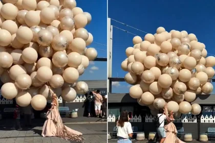 A bride nearly got carried away by a giant bunch of balloons after strong winds turned her romantic wedding photoshoot into chaos.
