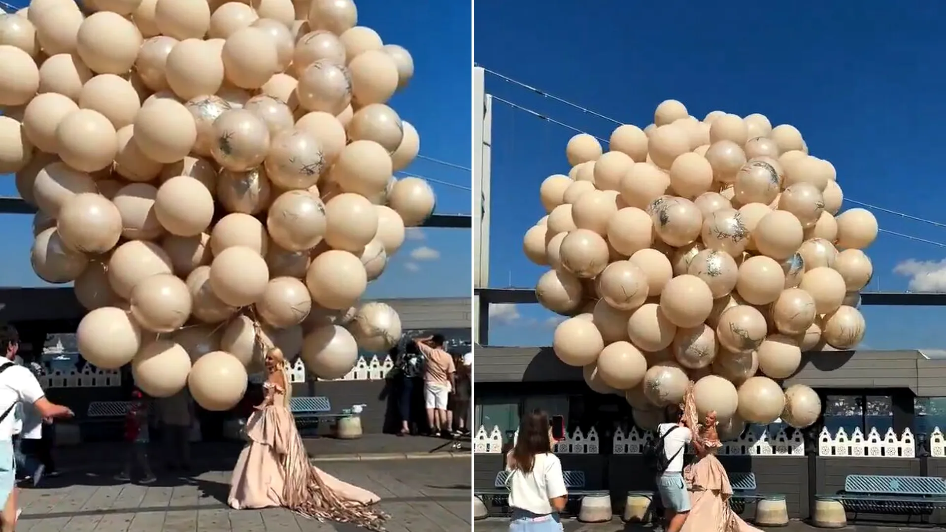 Bride nearly carried away by giant balloons in windy wedding photoshoot