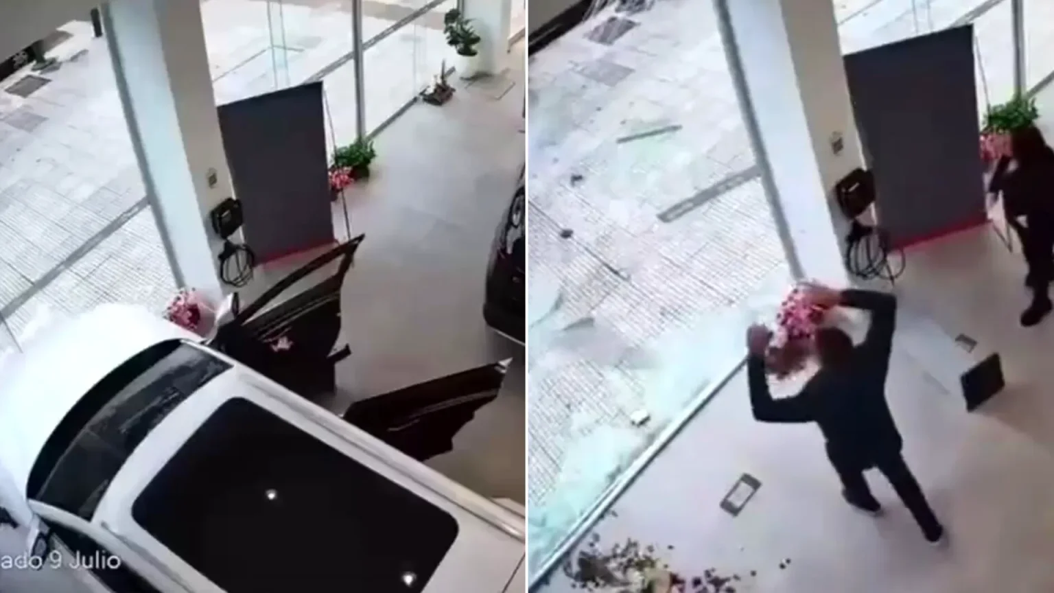 A bungling driver was caught on CCTV crashing an electric car through a dealership window. Security camera footage, dated 10 October, shows the vehicle smashing through.