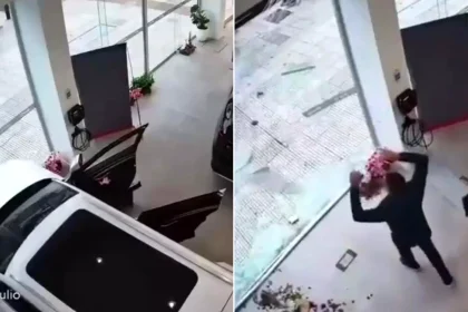 A bungling driver was caught on CCTV crashing an electric car through a dealership window. Security camera footage, dated 10 October, shows the vehicle smashing through.
