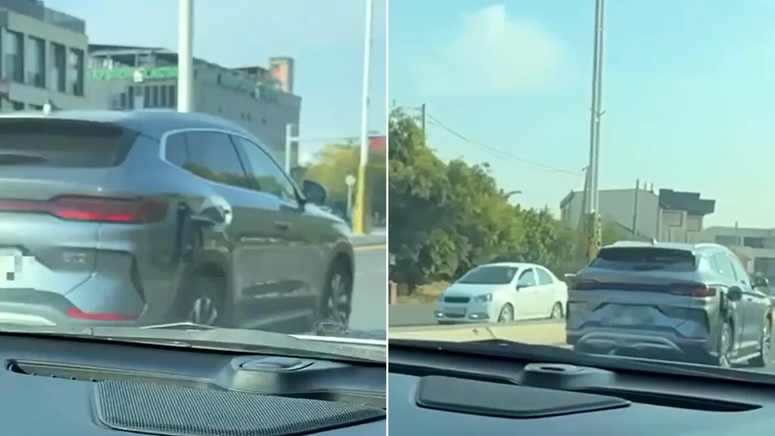 A bungling driver has been spotted after failing to unplug a charging cable attached to her electric car. The woman was reportedly unaware of her mistake as she.