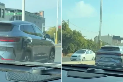 A bungling driver has been spotted after failing to unplug a charging cable attached to her electric car. The woman was reportedly unaware of her mistake as she.