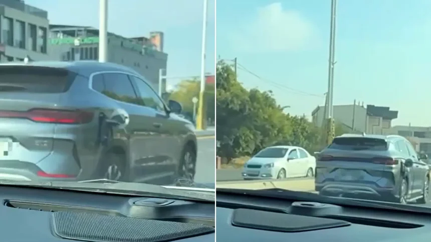 A bungling driver has been spotted after failing to unplug a charging cable attached to her electric car. The woman was reportedly unaware of her mistake as she.
