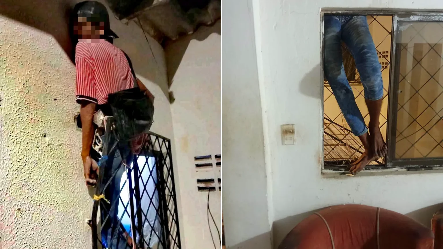 Burglar begs homeowner for help after getting stuck in second-floor window during break-in attempt. Police freed the trapped mid-20s suspect in Colombia.