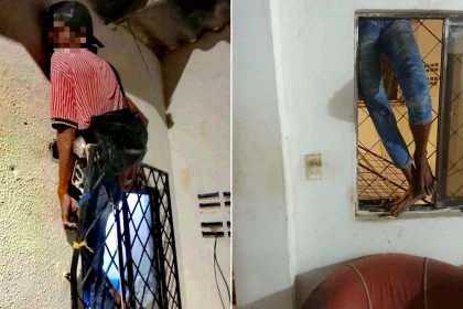 Burglar begs homeowner for help after getting stuck in second-floor window during break-in attempt. Police freed the trapped mid-20s suspect in Colombia.