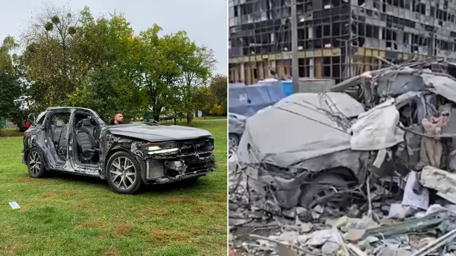 Ukrainian man's dream car miraculously still drives after being struck by a ballistic missile during Russian attack on Kyiv - his viral videos have 1.7m views.