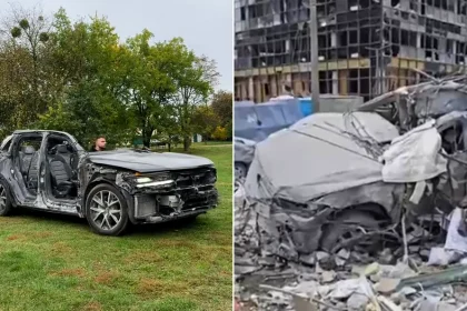 Ukrainian man's dream car miraculously still drives after being struck by a ballistic missile during Russian attack on Kyiv - his viral videos have 1.7m views.